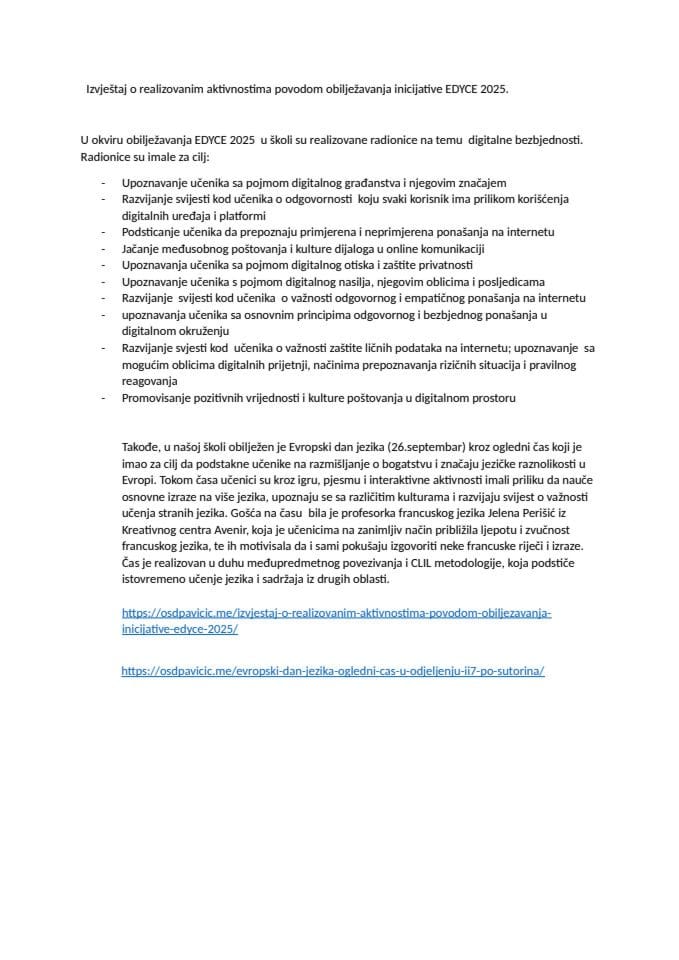 Извјештај о реализованим активностима поводом обиљежавања иницијативе ЕДYЦЕ 2025