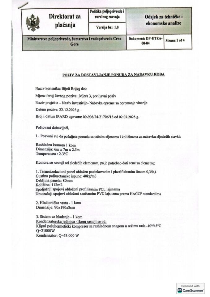 1. Poziv za dostavljanje ponuda za nabav