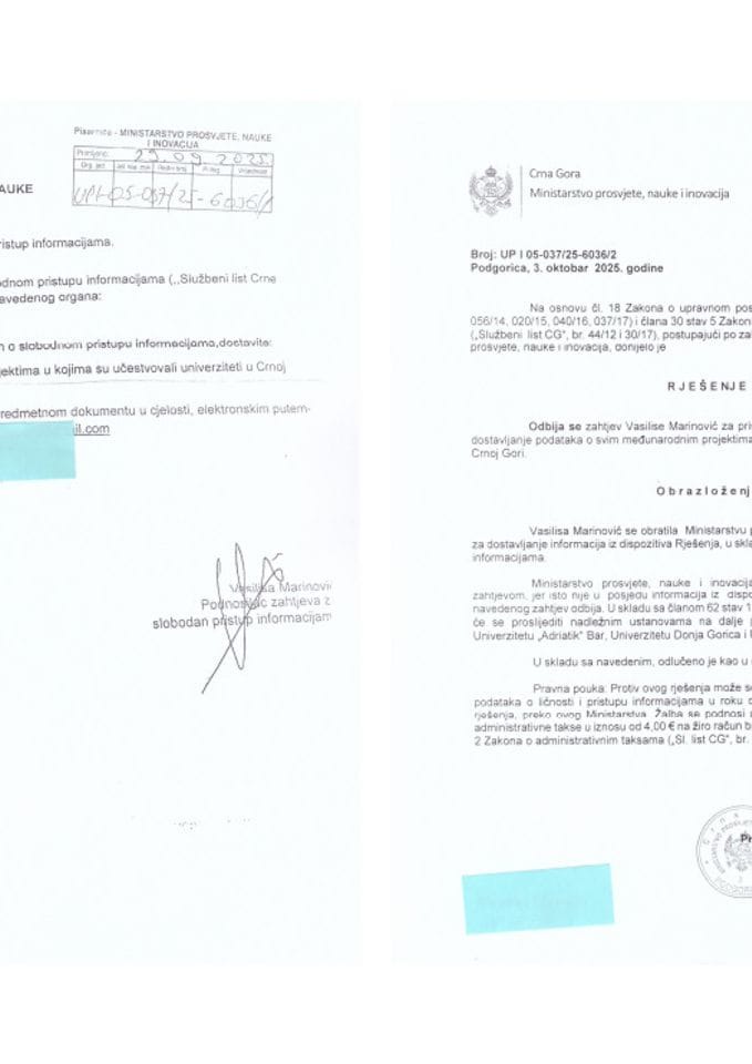 Захтјев и рјешење о одбијању - информација о међународним пројектима у којима су учествовали универзитети у ЦГ