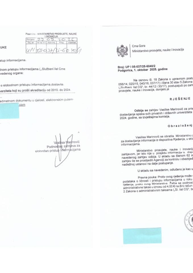 Захтјев и рјешење о одбијању - списак свих државних и приватних фскултета који су прошли акредитацију од 2010. године