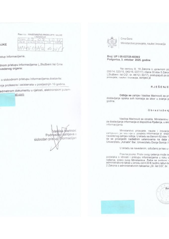 Захтјев и рјешење о одбијању - списак свих комисија за избор у звања