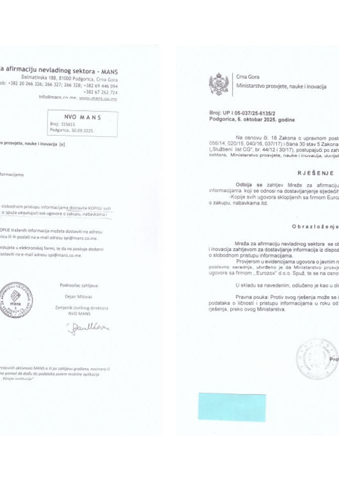 Захтјев и рјешење о одбијању - уговори са компанијом Еурозоx
