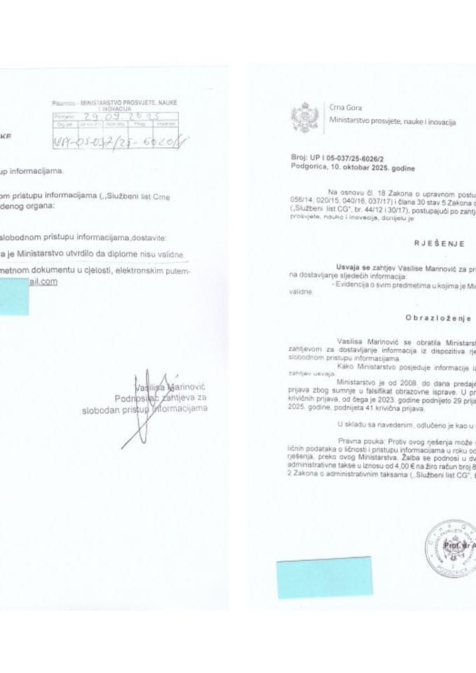 Zahtjev, rješenje i informacija - lažne obrazovne isprave