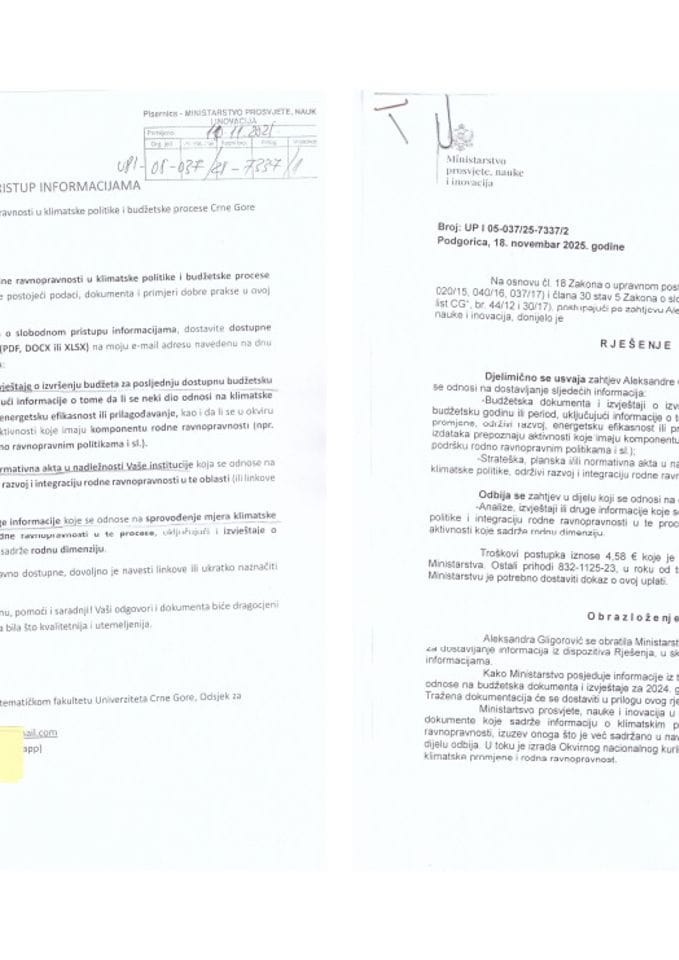 Захтјев, рјешење о дјелимичном усвајању и информација о извјештајима о извршењу буџета