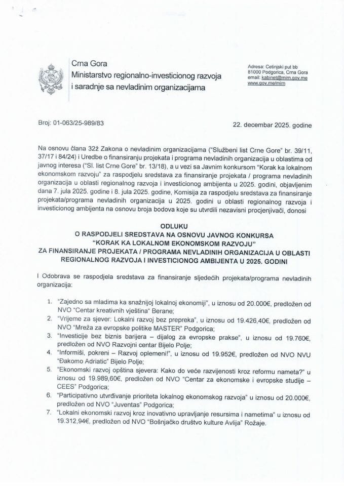 Odluka o raspodjeli sredstava