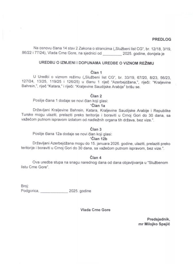 Predlog uredbe o izmjeni Uredbe o viznom rezimu