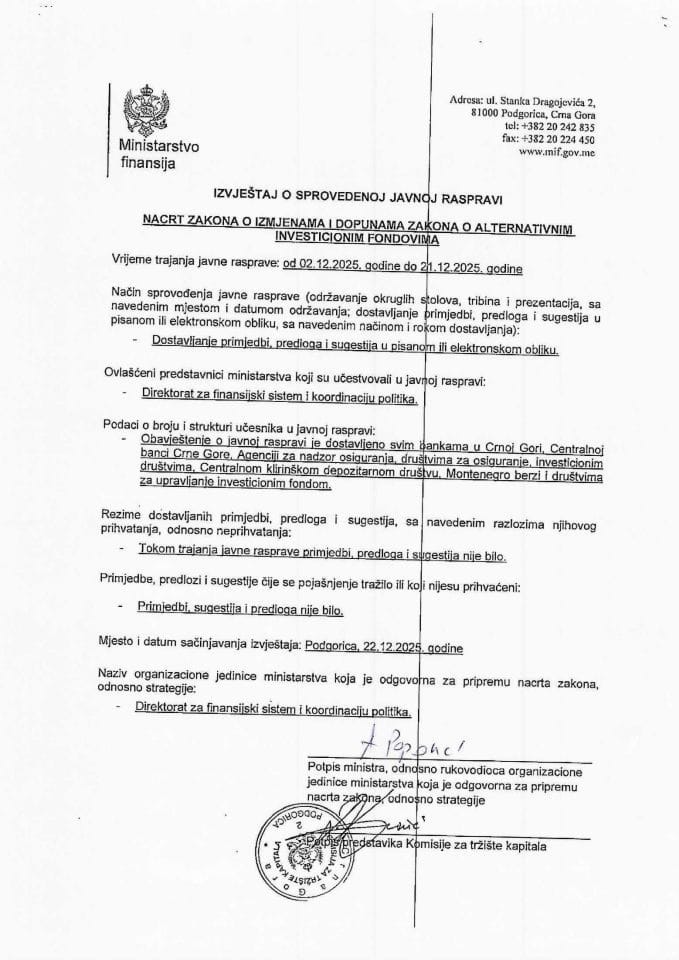 Izvještaj o sprovedenoj javnoj raspravi za Nacrt zakona o izmjenama i dopunama Zakona o alternativnim investicionim fondovima