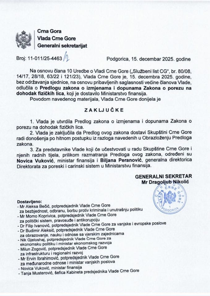 Predlog zakona o izmjenama i dopunama Zakona o porezu na dohodak fizičkih lica - zaključci