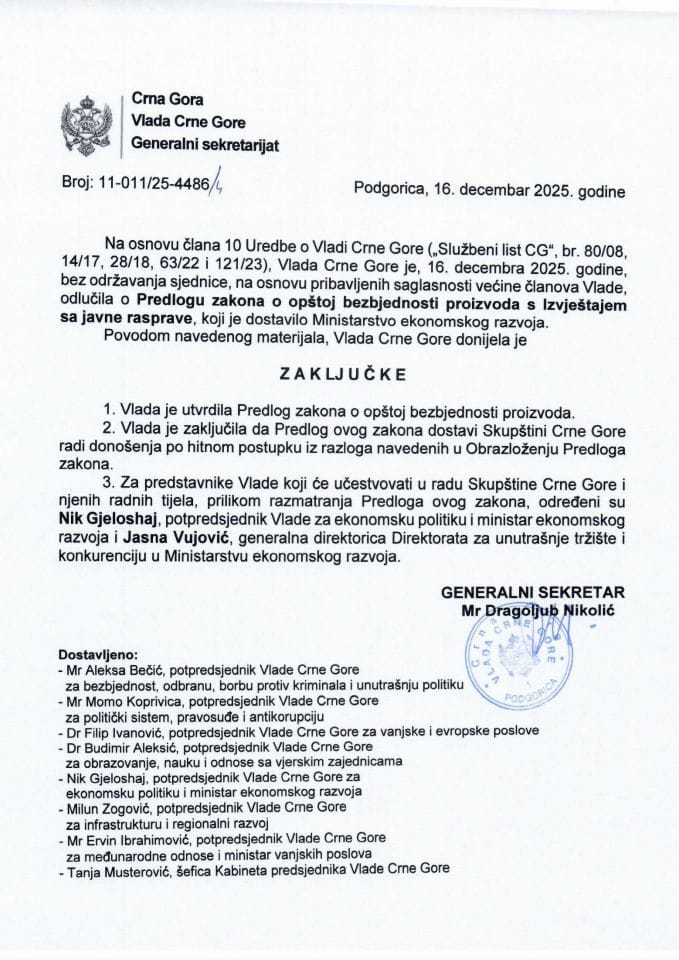 Predlog zakona o opštoj bezbjednosti proizvoda s Izvještajem sa javne rasprave - Zaključci