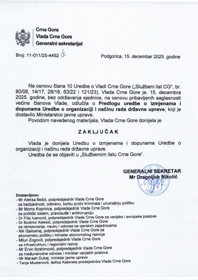 Predlog uredbe o izmjenama i dopunama Uredbe o organizaciji i načinu rada državne uprave - zaključci