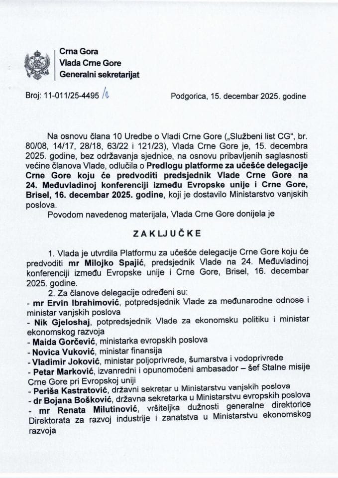 Predlog platforme za učešće delegacije Crne Gore koju će predvoditi predsjednik Vlade Crne Gore na 24. Međuvladinoj konferenciji između Evropske unije i Crne Gore, Brisel, 16. decembar 2025. godine - zaključci