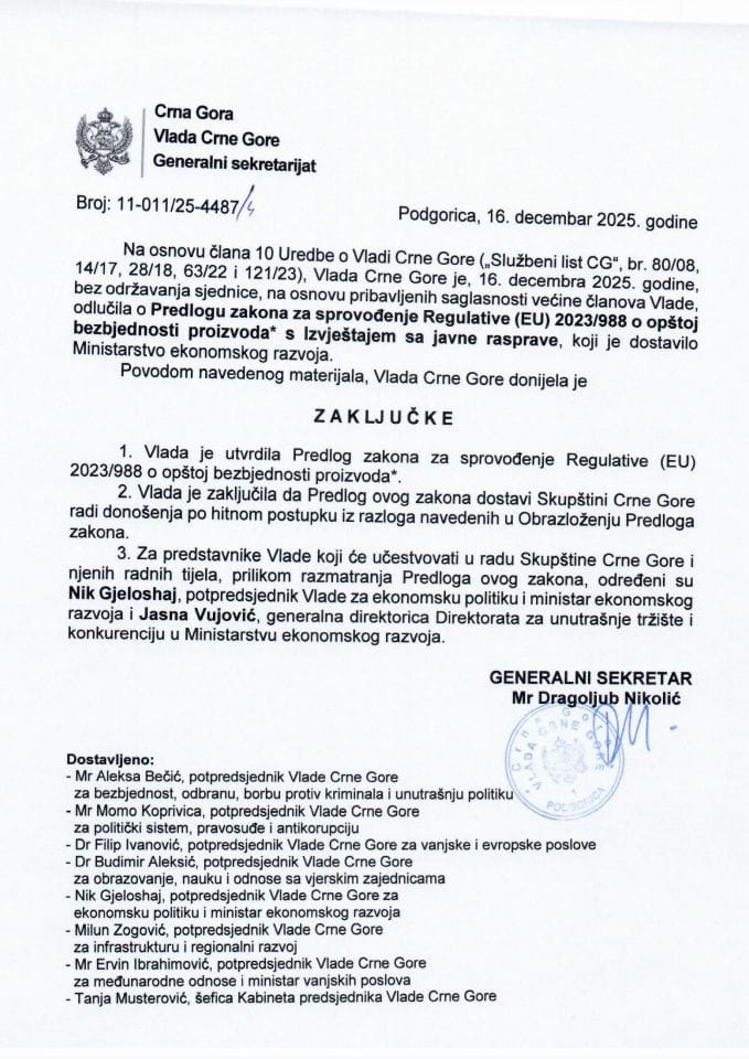 Predlog zakona za sprovođenje Regulative (EU) 2023/988 o opštoj bezbjednosti proizvoda s Izvještajem sa javne rasprave - Zaključci