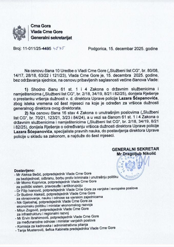 Kadrovska pitanja sa telefonske sjednice Vlade održane 15.12.2025. godine - zaključci