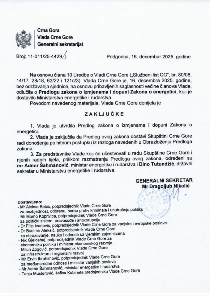 Predlog zakona o izmjenama i dopuni Zakona o energetici - Zaključci