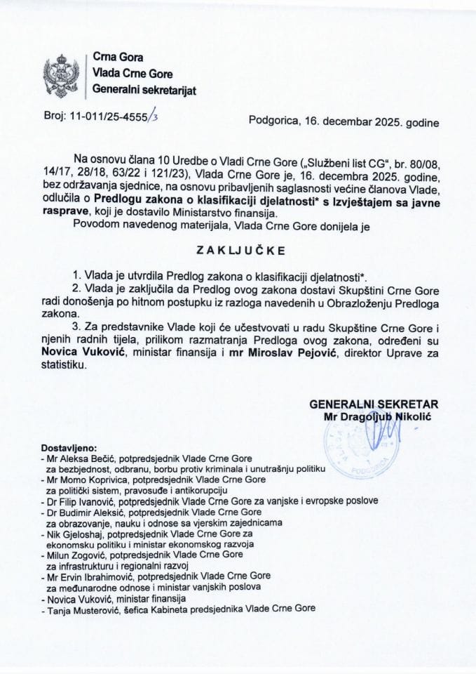 Predlog zakona o klasifikaciji djelatnosti* s Izvještajem sa javne rasprave - Zaključci