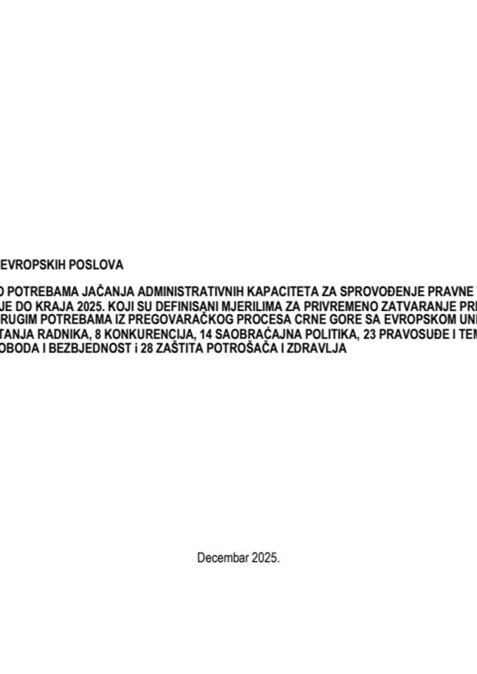 Informacija o potrebama jačanja administrativnih kapaciteta za sprovođenje pravne tekovine EU do kraja 2025. godine