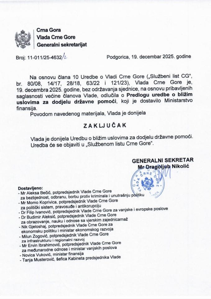 Predlog uredbe o bližim uslovima za dodjelu državne pomoći - zaključci