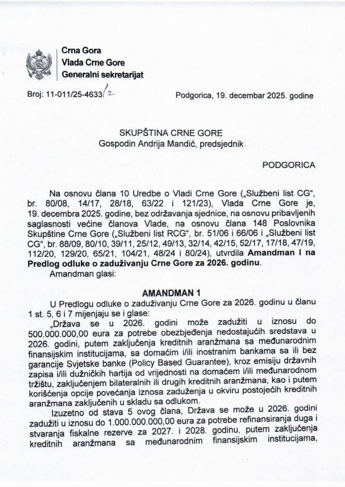 Predlog amandmana 1 na Predlog odluke o zaduživanju Crne Gore za 2026. godinu - zaključci