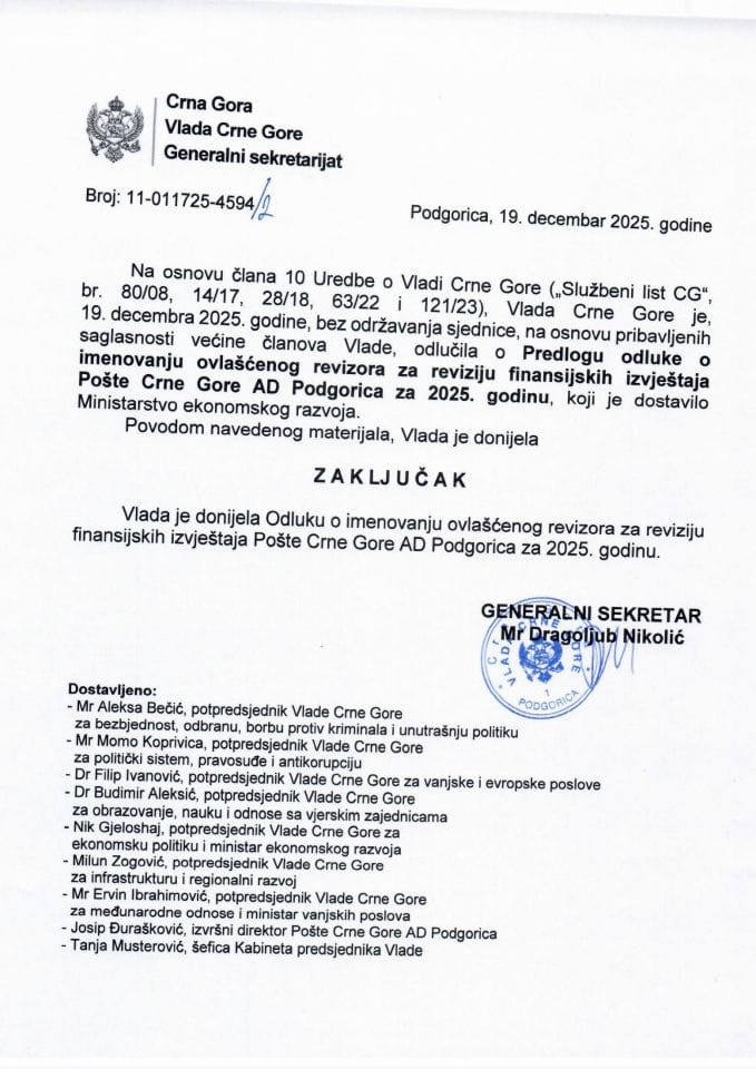 Predlog odluke o imenovanju ovlašćenog revizora za reviziju finansijskih izvještaja Pošte Crne Gore AD Podgorica za 2025. godinu - zaključci