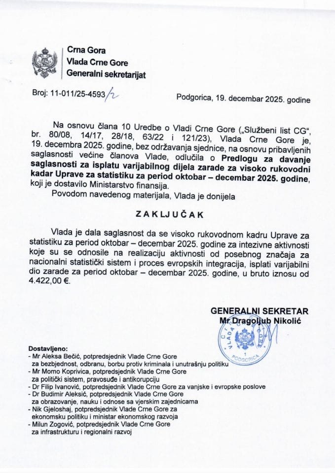 Predlog za davanje saglasnosti za isplatu varijabilnog dijela zarade za visoko rukovodni kadar Uprave za statistiku, za period oktobar-decembar 2025. godine - zaključci