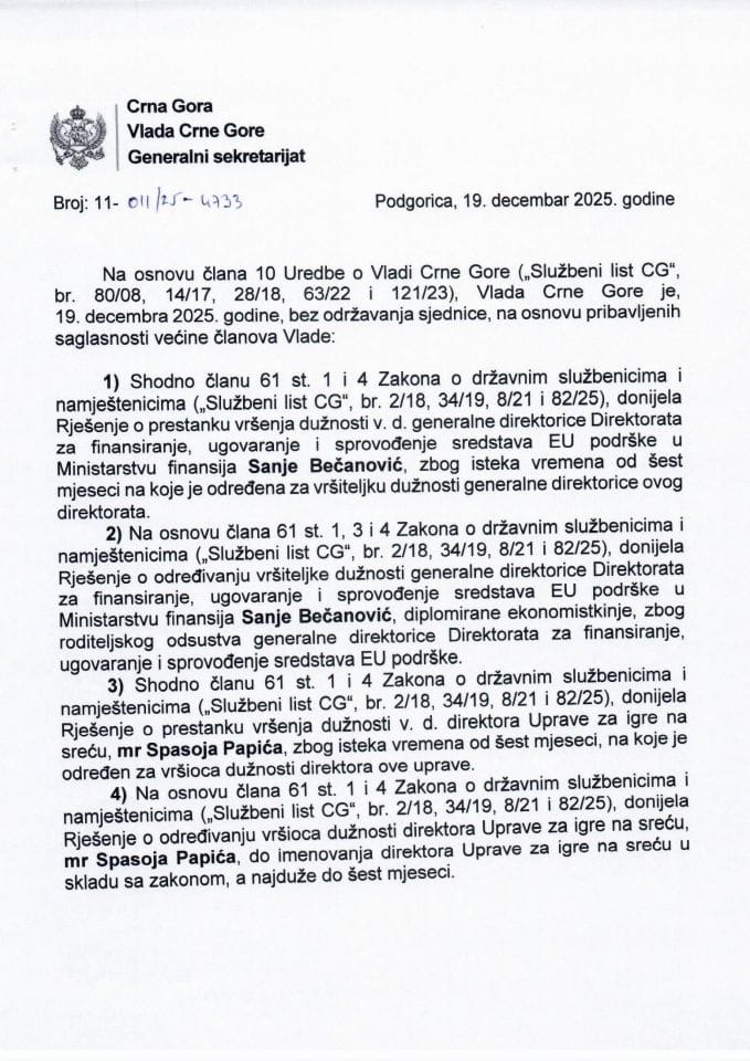Kadrovska pitanja - telefonska sjednica od 19. decembra 2025. godine - zaključci