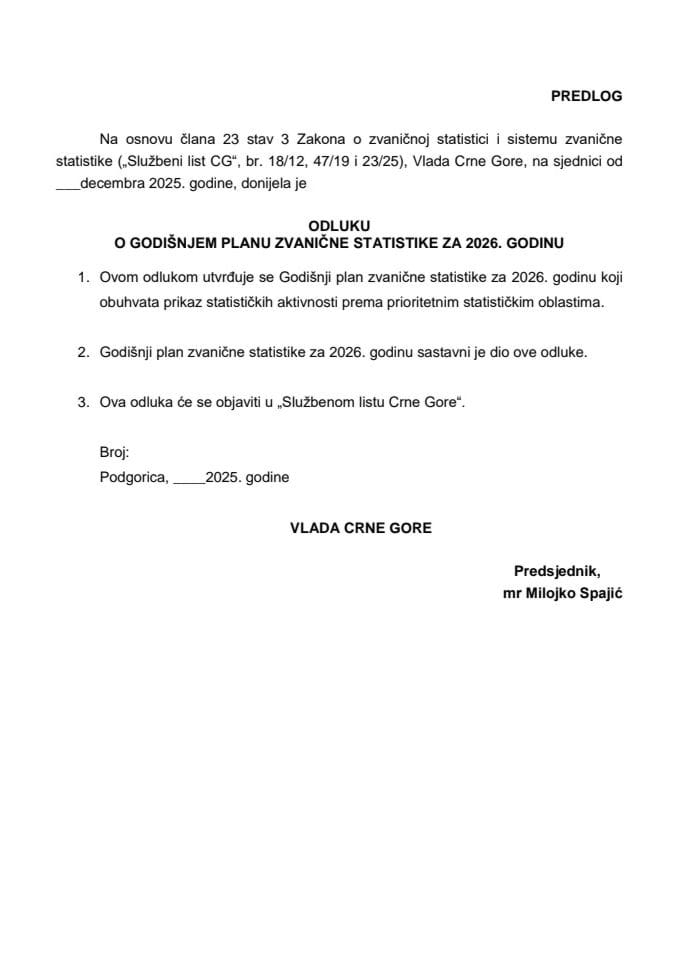Predlog odluke o Godišnjem planu zvanične statistike za 2026. godinu