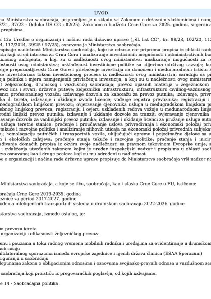 Nacrt kadrovskog plana Ministarstva saobraćaja za 2025. godinu