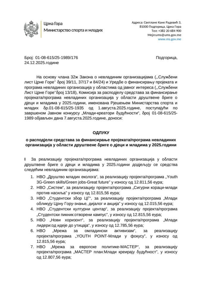 Odluka o raspodjeli sredstava za finansiranje projekata-programa nevladinih organizacija u oblasti društvene brige o djeci i mladima u 2025 godini
