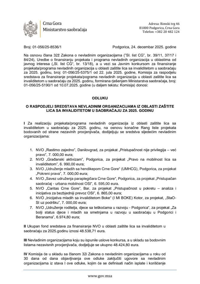 Odluka o raspodjeli sredstava nevladinim organizacijama iz oblasti zaštite lica sa invaliditetom u saobraćaju za 2025. godinu