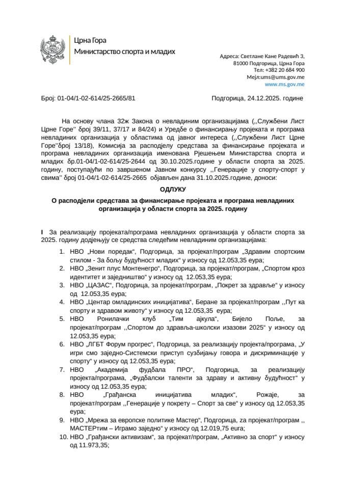 Odluka o raspodjeli sredstava za finansiranje projekata i programa nevladinih organizacija u oblasti sporta za 2025. godinu