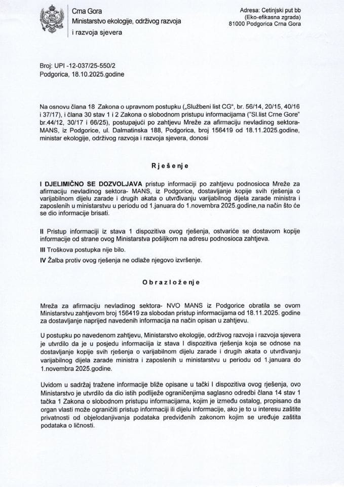 Рјешења - Слободан приступ информацијама - Рјесење по захтјеву НВО МАНС  УПИ -12-037-25-550-2