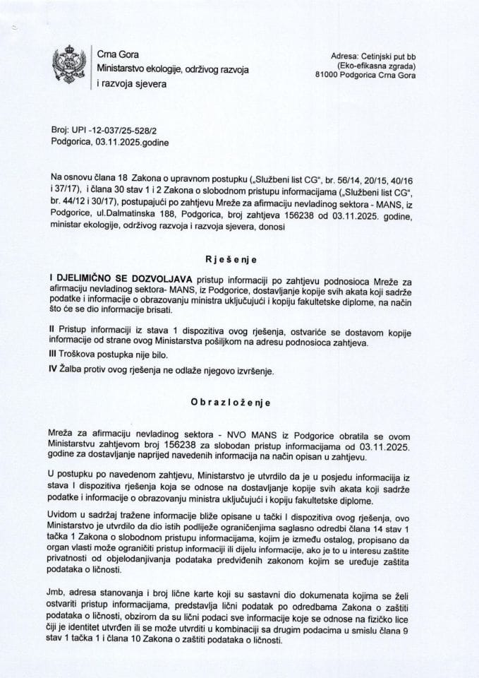 Рјешења - Слободан приступ информацијама - Рјесење по захтјеву СПИ-МАНС УПИ 12-037-25-528-2