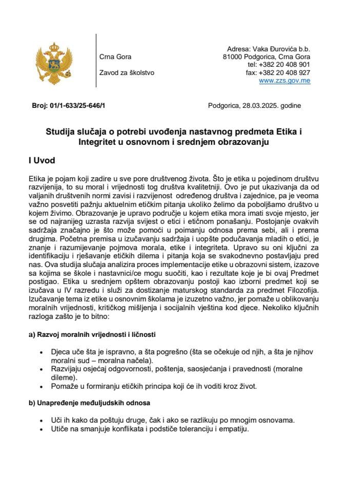 Studija slučaja o potrebi uvođenja nastavnog predmeta Etika i Integritet u osnovnom i srednjem obrazovanju