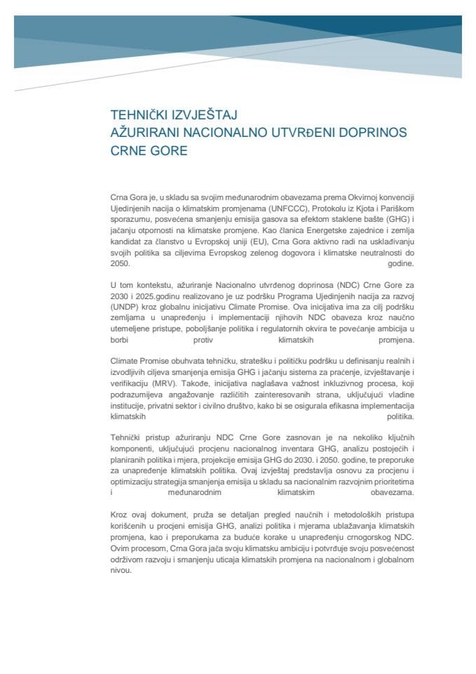 Tehnički izvještaj ažurirani nacionalno utvrđeni doprinos