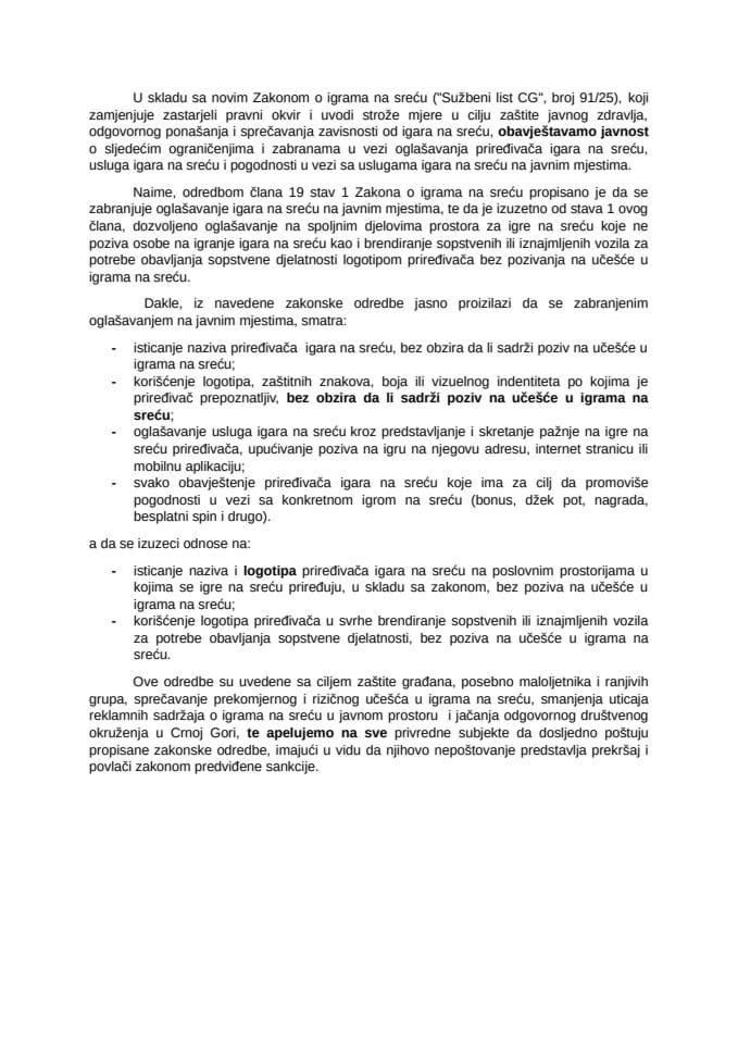Obavještenje o ograničenjima i zabranama u vezi oglašavanja priređivača igara na sreću