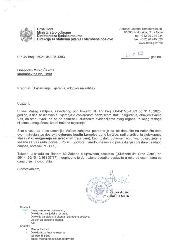 Мирко Шакота- достављање увјерења