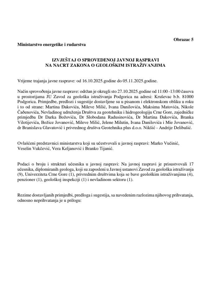 Izvještaj o sprovedenoj javnoj raspravi na Nacrt zakona o geološkim istraživanjima