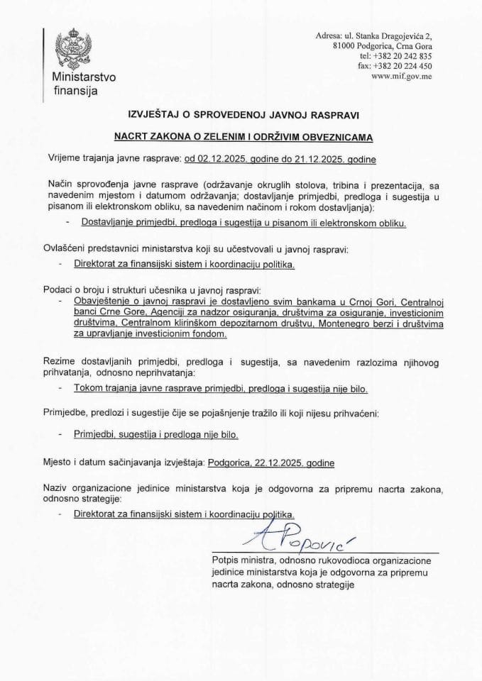 Izvještaj o sprovedenoj javnoj raspravi za Nacrt zakona o zelenim i održivim obveznicama