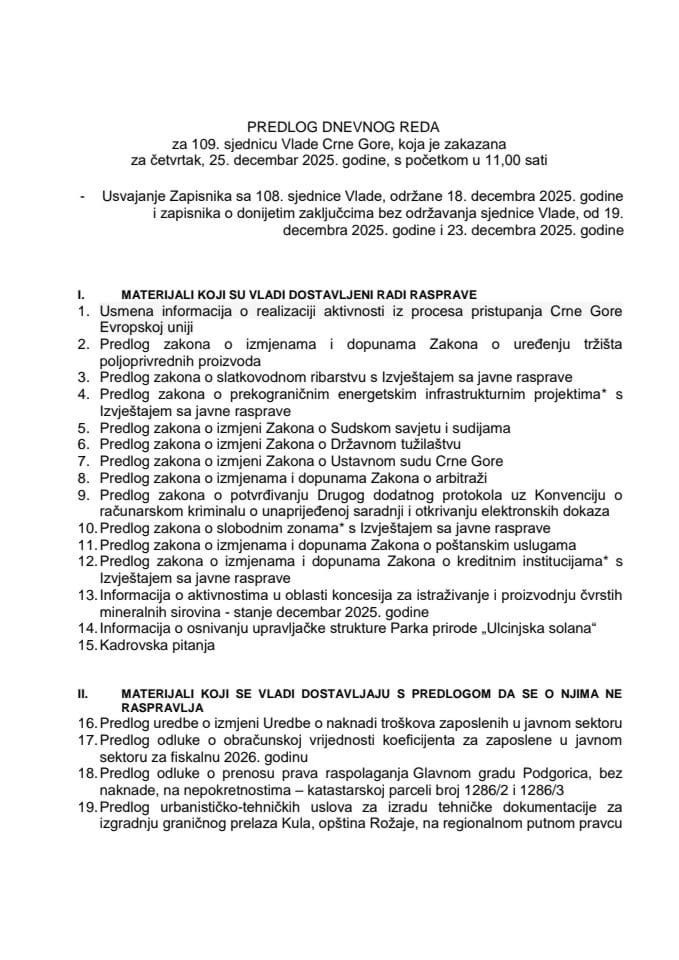 Predlog dnevnog reda za 109. sjednicu Vlade Crne Gore