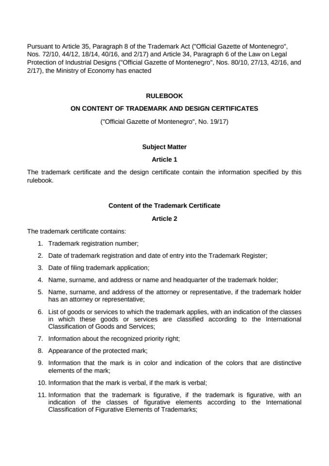 Rulebook on content of trademark and design certificates
