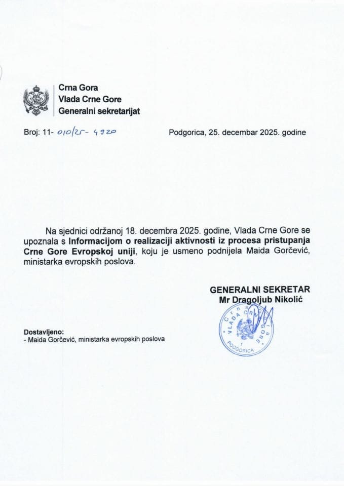 Усмена информација о реализацији активности из процеса приступања Црне Горе Европској унији - закључци