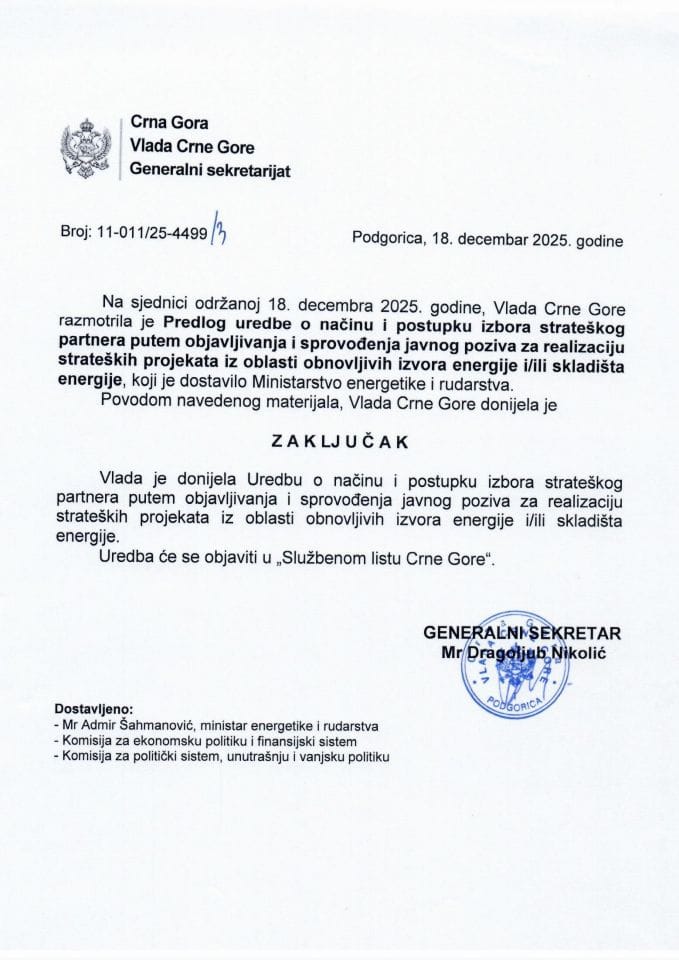 Предлог уредбе о начину и поступку избора стратешког партнера путем објављивања и спровођења јавног позива за реализацију стратешких пројеката из области обновљивих извора енергије и/или складишта енергије - закључци