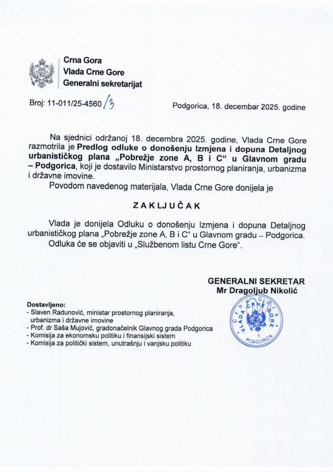Предлог одлуке о доношењу Измјена и допуна Детаљног урбанистичког плана „Побрежје зоне А, Б и Ц“ у Главном граду - Подгорица - закључци