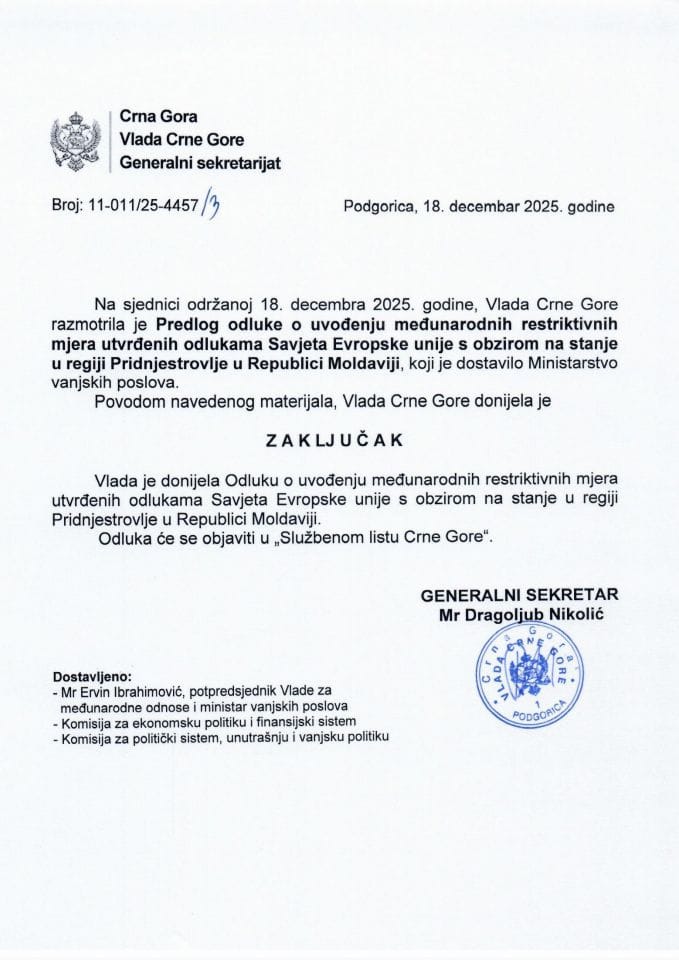 Предлог одлуке о увођењу међународних рестриктивних мјера утврђених одлукама Савјета Европске уније с обзиром на стање у регији Придњестровље у Републици Молдавији - закључци