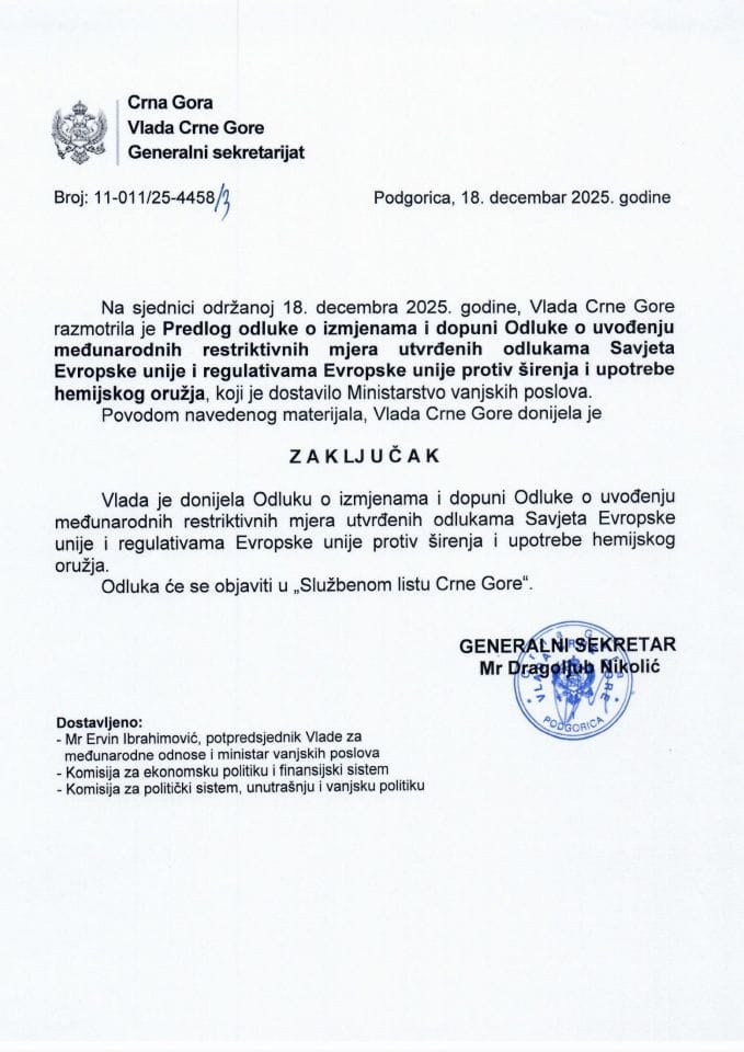 Предлогу одлуке о измјенама и допуни Одлуке о увођењу међународних рестриктивних мјера утврђених одлукама Савјета Европске уније и регулативама Европске уније против ширења и употребе хемијског оружја - закључци