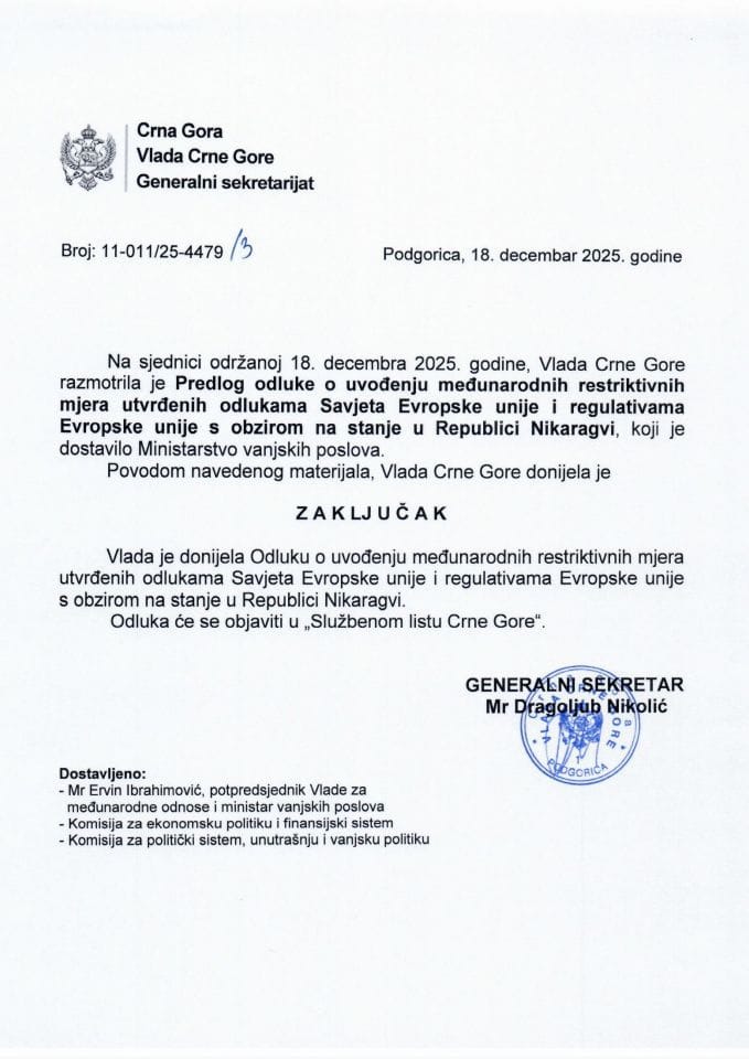 Предлог одлуке о увођењу међународних рестриктивних мјера утврђених одлукама Савјета Европске уније и регулативама Европске уније с обзиром на стање у Републици Никарагви - закључци