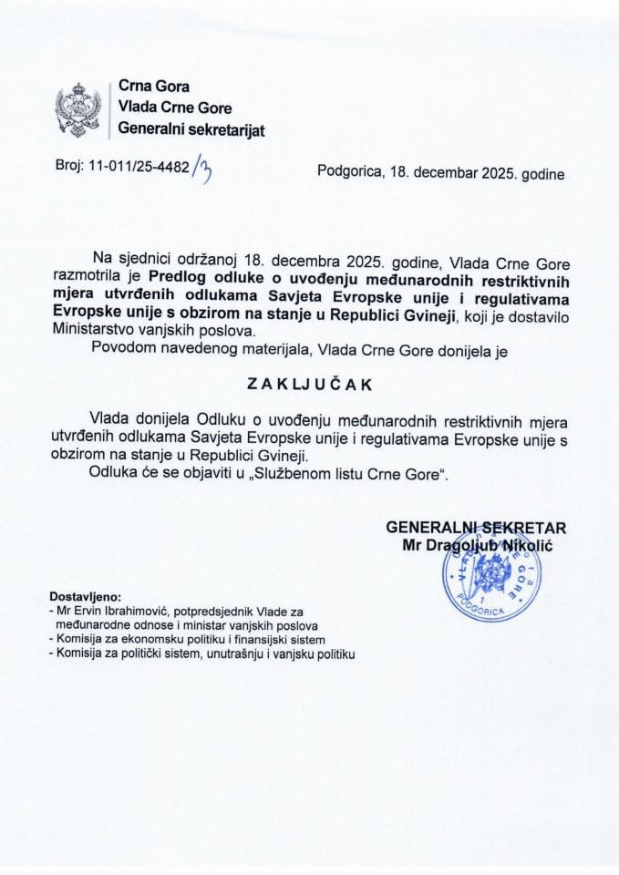 Предлог одлуке о увођењу међународних рестриктивних мјера утврђених одлукама Савјета Европске уније и регулативама Европске уније с обзиром на стање у Републици Гвинеји - закључци