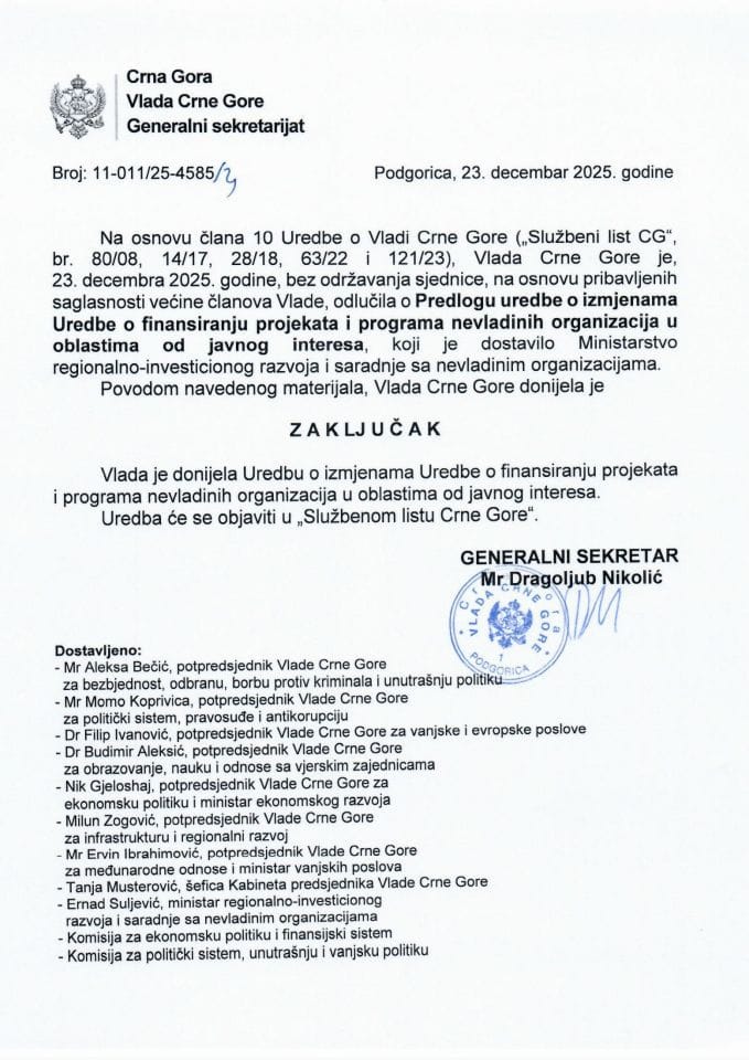 Predlog uredbe o izmjenama Uredbe o finansiranju projekata i programa nevladinih organizacija u oblastima od javnog interesa - zaključci