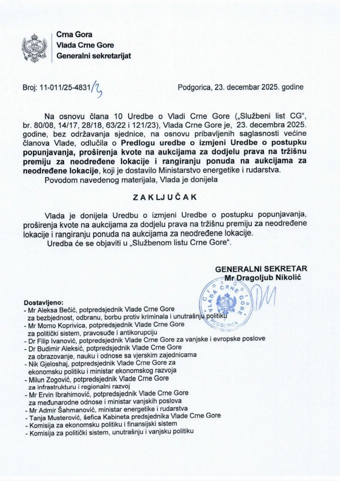 Predlog uredbe o izmjeni Uredbe o postupku popunjavanja, proširenja kvote na aukcijama za dodjelu prava na tržišnu premiju za neodređene lokacije i rangiranju ponuda na aukcijama za neodređene lokacije - zaključci