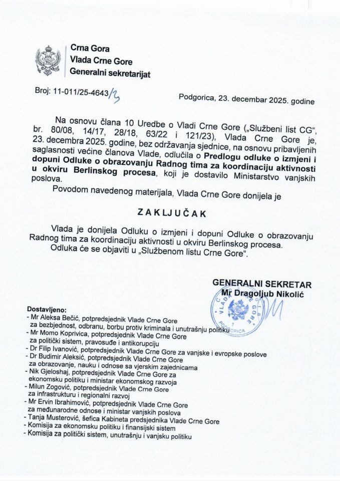 Predlog odluke o izmjeni i dopuni Odluke o obrazovanju Radnog tima za koordinaciju aktivnosti u okviru Berlinskog procesa - zaključci